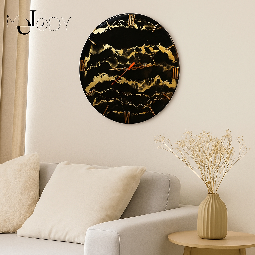 ساعت دیواری رزینی مرمر مکی طلایی مدل melodyart